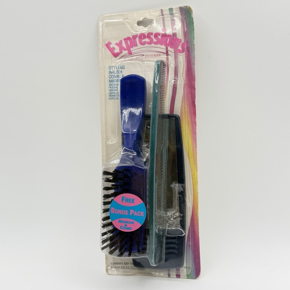 Vintage NOS  Hair Brush Comb Mirror Nylon Bristles NIB Purse Size Almar Blue